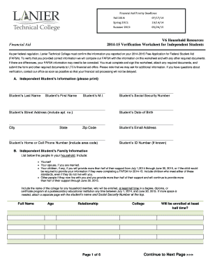2014-15 Verification Worksheet for Independent Students