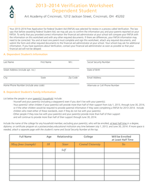 2013–2014 Verification Worksheet