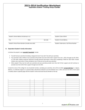 2013–2014 Verification Worksheet for Dependent Student