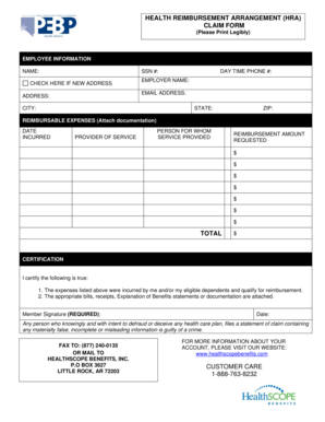 Health Reimbursement Arrangement (HRA) Claim Form