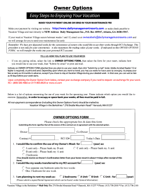 Vacation Village Owner Options Form