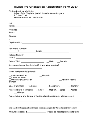 Jewish Pre-Orientation Registration Form 2017