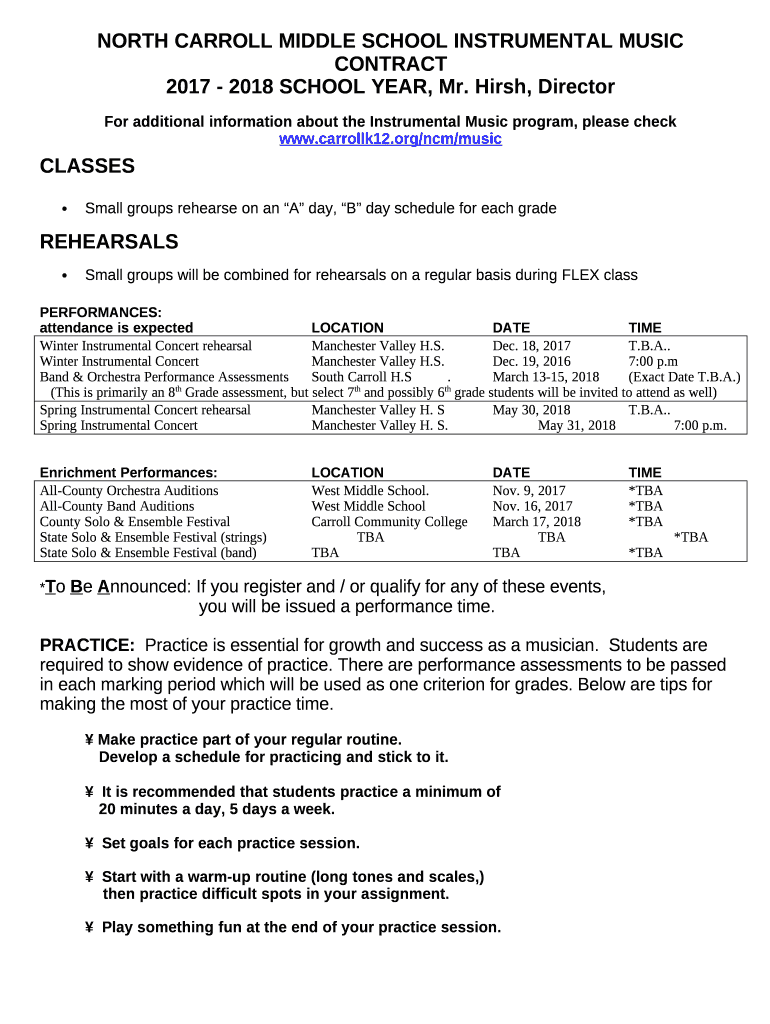 NORTH CARROLL MIDDLE SCHOOL INSTRUMENTAL MUSIC CONTRACT Doc Template
