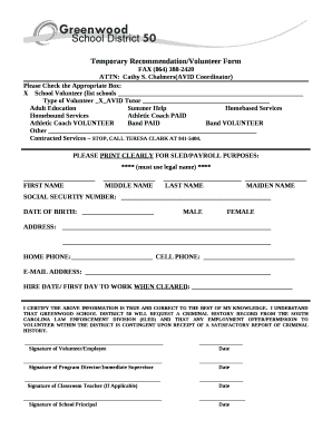 Temporary Recommendation/Volunteer Form
