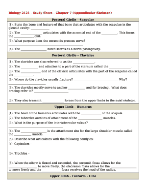 Biology 2121 Study Sheet Chapter 7 (Appendicular Skeleton)