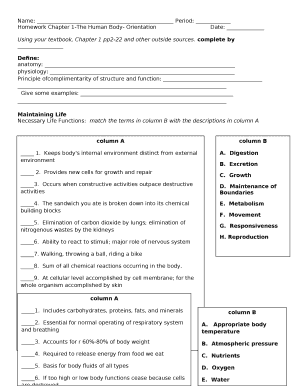 Homework Chapter 1-The Human Body- OrientationDate: