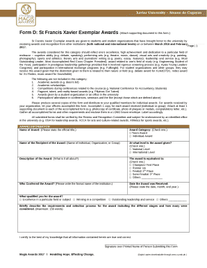 St Francis Xavier Exemplar Awards are given to students and student organizations that have brought honor to the university by receiving awards and recognition from other institutions (both national and international levels) on or between