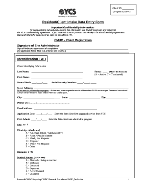 Resident/Client Intake Data Entry Form