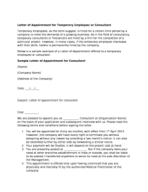 Letter of Appointment for Temporary Employee/ or Consultant