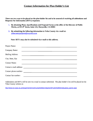 Contact Information for Plan Holders List