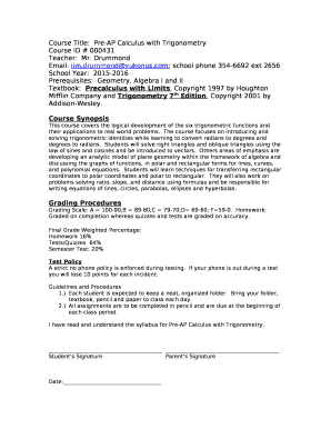 Course Title:Pre-AP Calculus with Trigonometry