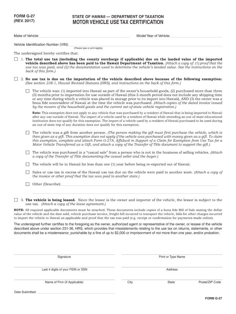 Form G-27, Rev 2013, Motor Vehicle Use Tax ... - Hawaii.gov Preview on Page 1