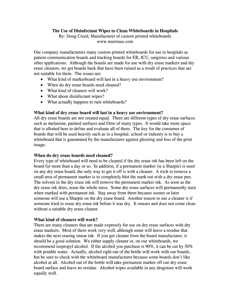Fillable Online The Use of Disinfectant Wipes to Clean Whiteboards in