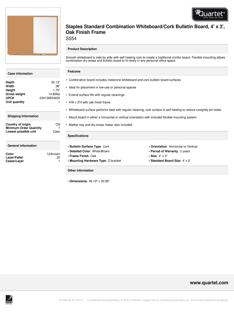 Fillable Online Staples Standard Combination Whiteboard/Cork Bulletin Board, 4' x 3', Fax Email