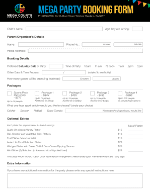 Fillable Online MEGA PARTY BOOKING FORM Fax Email Print - pdfFiller