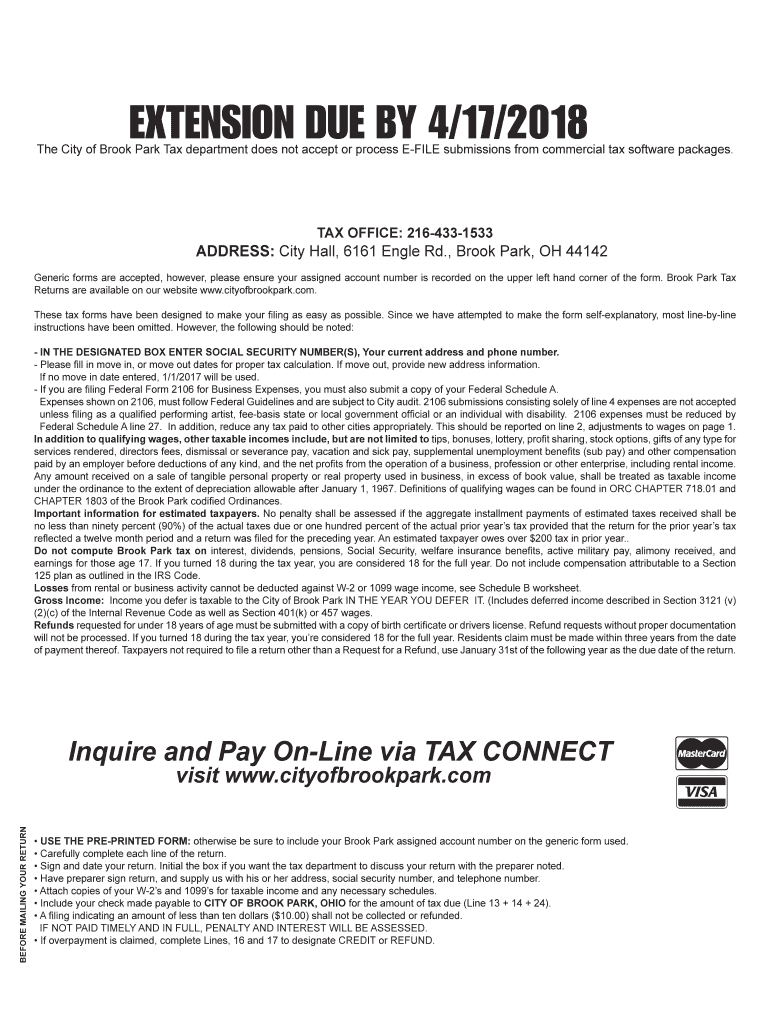 Fillable Online The City of Brook Park Tax department does not accept