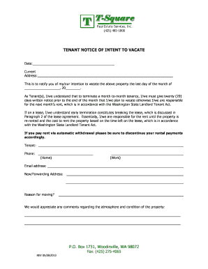 Fillable Online TENANT NOTICE OF INTENT TO VACATE Fax Email Print ...