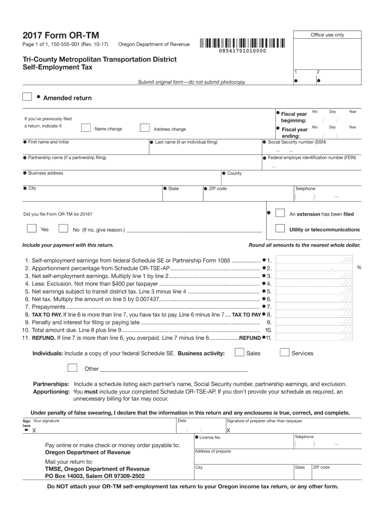 2017 Form OR-TM, Tri-County Metropolitan Transportation District Self-Employment Tax, 150-555-001 Preview on Page 1
