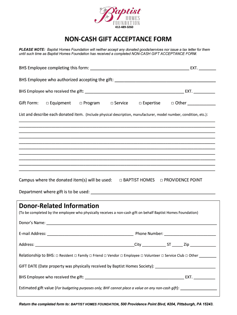 Fillable Online NONCASH GIFT ACCEPTANCE FORM Fax Email Print pdfFiller