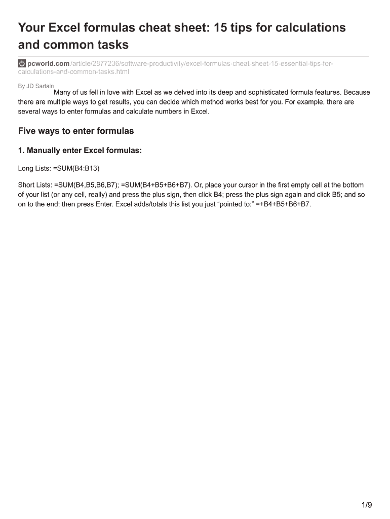 Fillable Online Your Excel formulas cheat sheet: 15 tips for ...