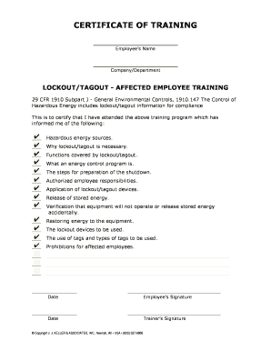 Fillable Online LOCKOUT/TAGOUT - AFFECTED EMPLOYEE TRAINING Fax Email ...