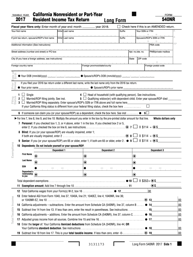 2017 Form 540NR Long - California Nonresident or Part-Year Resident Income Tax Return. 2017 Form 540NR Long - California Nonresident or Part-Year Resident Income Tax Return Preview on Page 1.