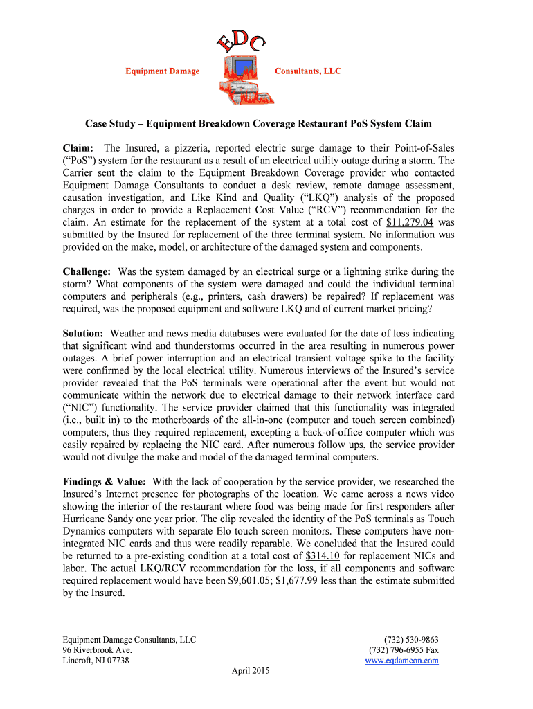 Fillable Online Case Study Equipment Breakdown Coverage Restaurant PoS