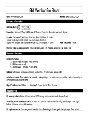 Bni Bio Sheet - Fill and Sign Printable Template Online