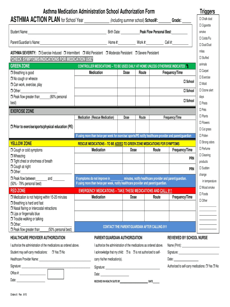 Fillable Online Asthma Medication Administration School Authorization