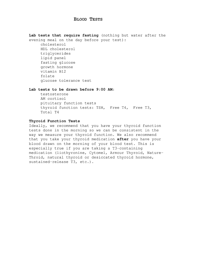 Fillable Online Lab tests that require fasting (nothing but water after