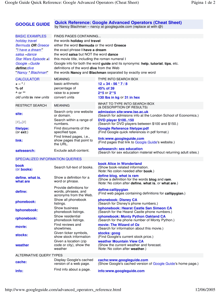 Fillable Online Google Guide Quick Reference: Google Advanced Operators ...