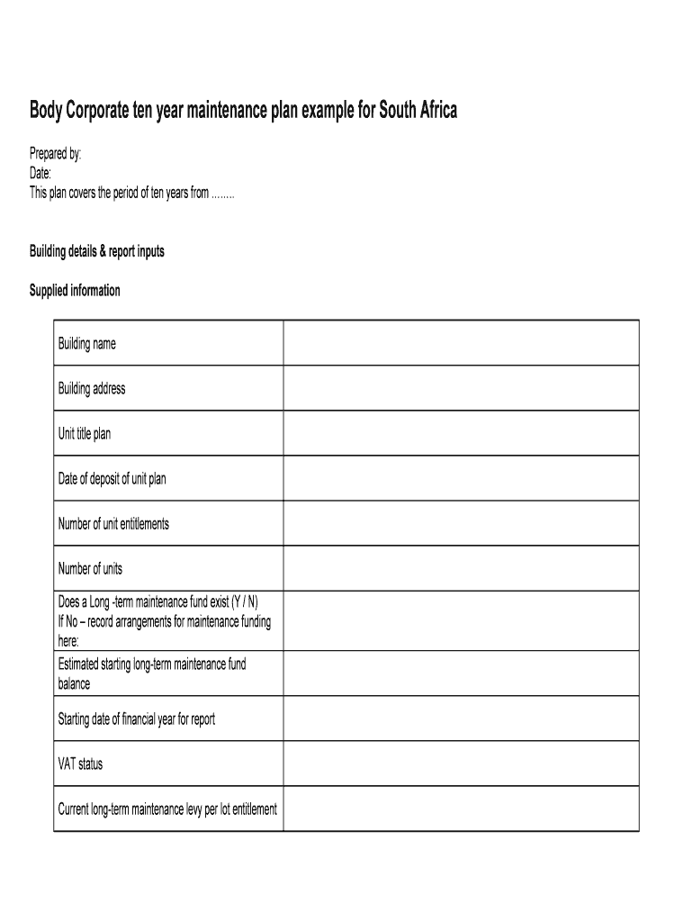 Body Corporate ten year maintenance plan example for South Africa Preview on Page 1