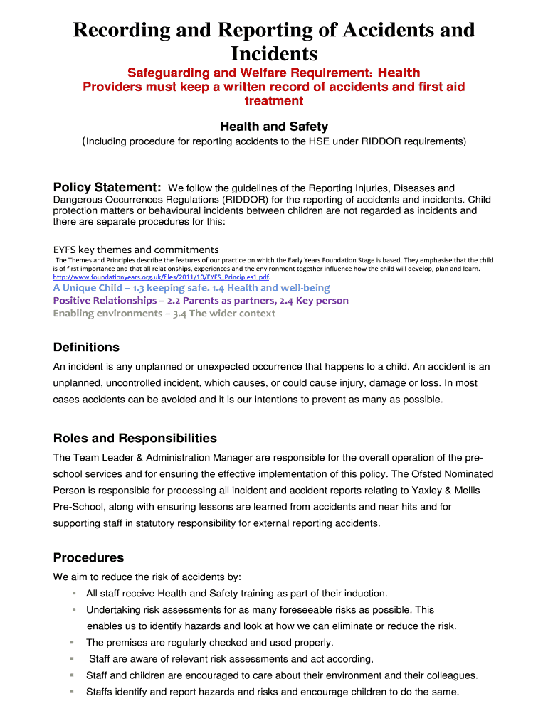 Fillable Online Recording and Reporting of Accidents and Fax Email