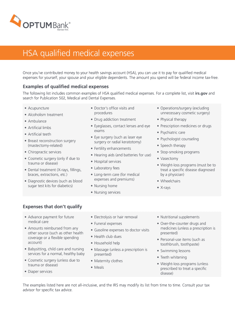 Fillable Online HSA qualified medical expenses Fax Email Print pdfFiller