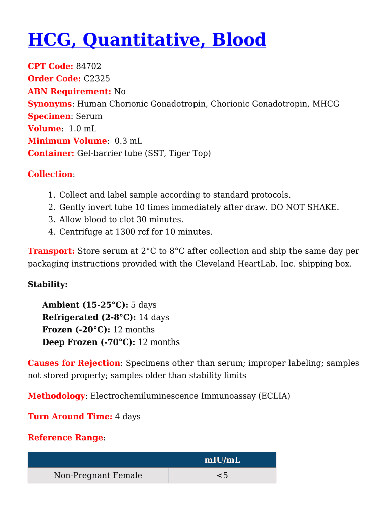 Fillable Online HCG, Quantitative, Blood Fax Email Print pdfFiller