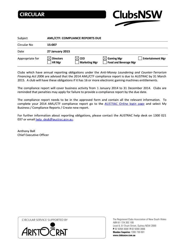 Fillable Online AML/CTF: COMPLIANCE REPORTS DUE Fax Email Print - pdfFiller