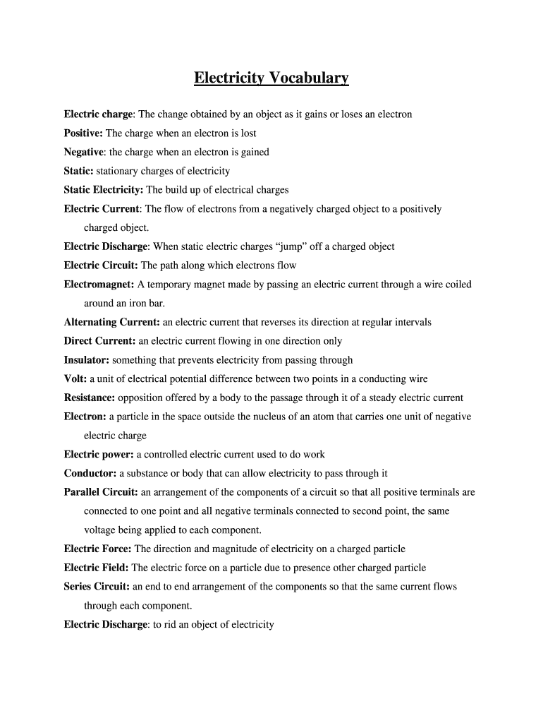 Fillable Online Electricity Vocabulary Fax Email Print pdfFiller