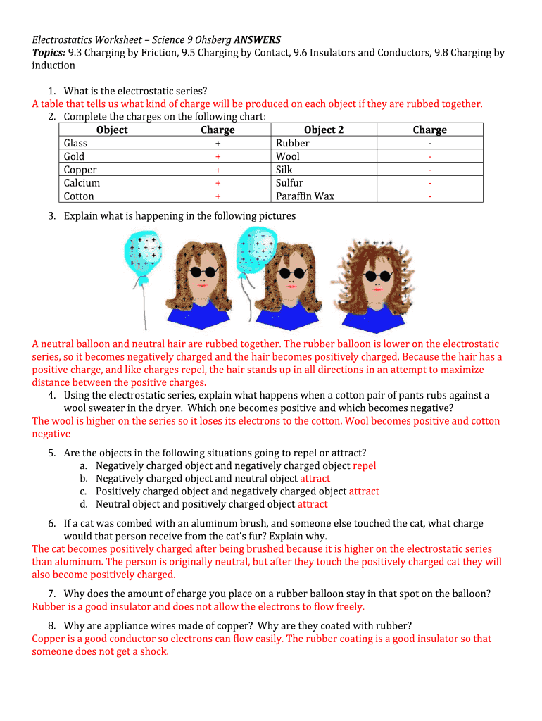 Fillable Online Electrostatics Worksheet Science 9 Ohsberg ANSWERS Fax