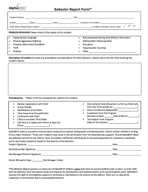 Fillable Online Behavior Report Form* Fax Email Print - pdfFiller
