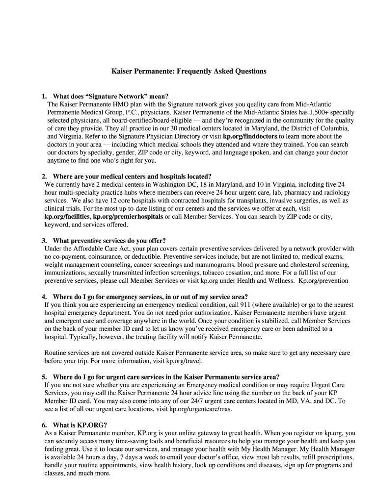 Fillable Online Kaiser Permanente Frequently Asked Questions Fax Email