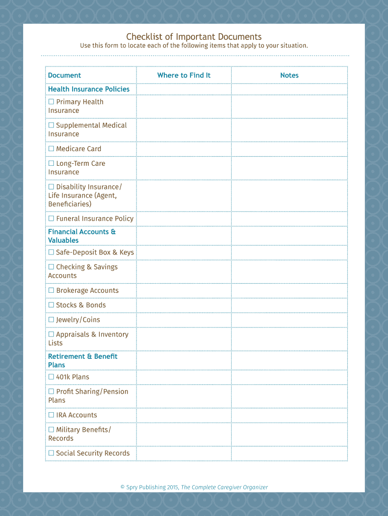 Fillable Online Checklist Of Important Documents Fax Email Print PdfFiller