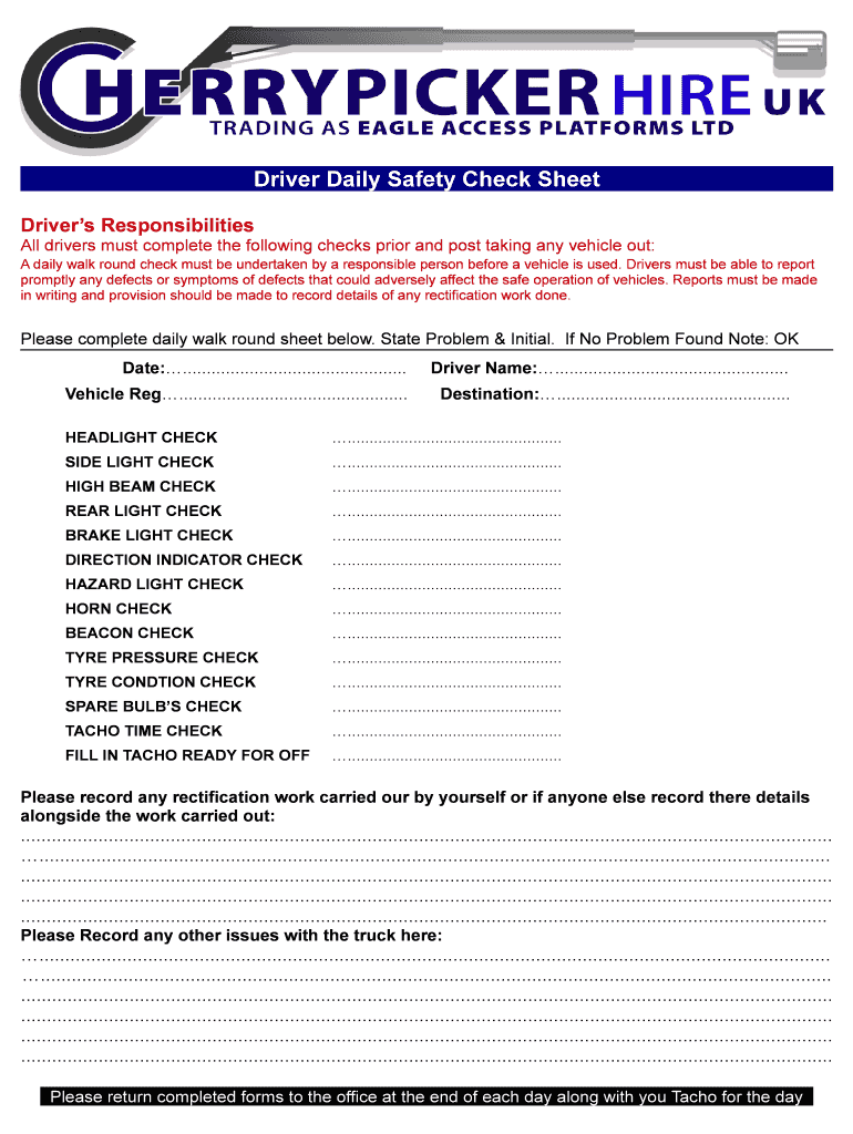 Fillable Online Driver Daily Safety Check Sheet Fax Email Print - pdfFiller