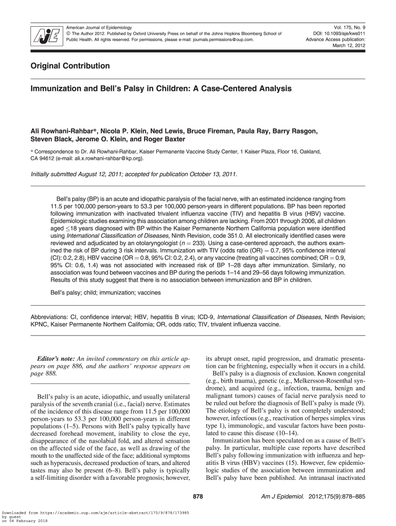 Immunization and Bells Palsy in Children: A Case-Centered Analysis Preview on Page 1