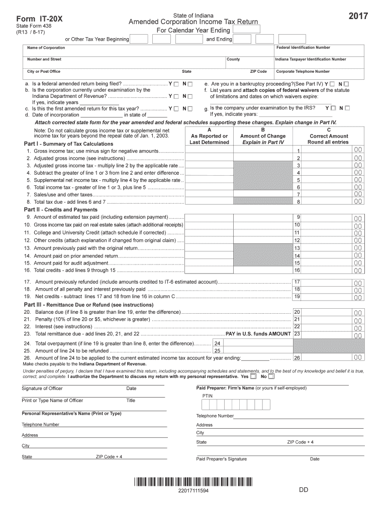 2017 indiana form it 20x Preview on Page 1