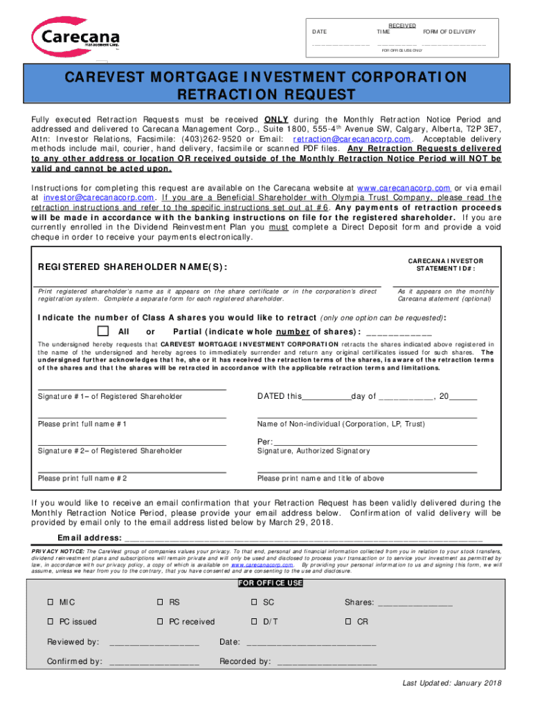 carevest mortgage investment corporation retraction request Preview on Page 1