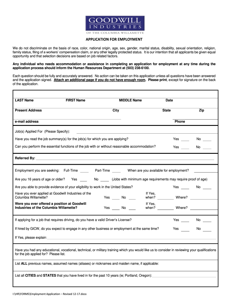 Goodwill Application Form Fill Online, Printable, Fillable, Blank
