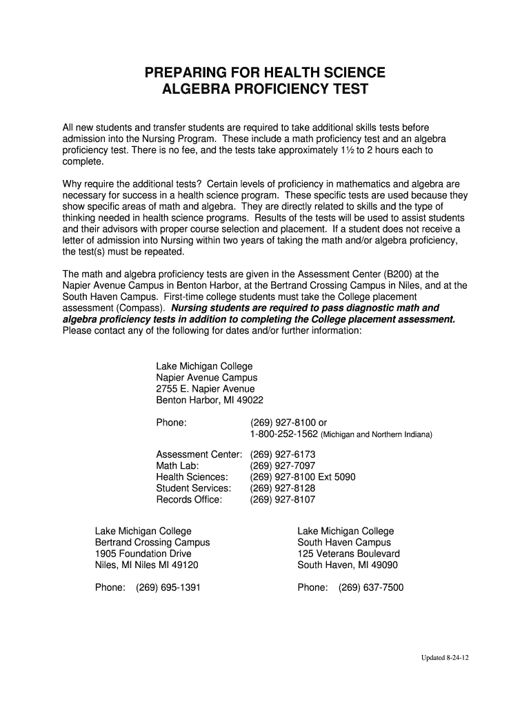 Fillable Online ALGEBRA PROFICIENCY TEST Fax Email Print pdfFiller