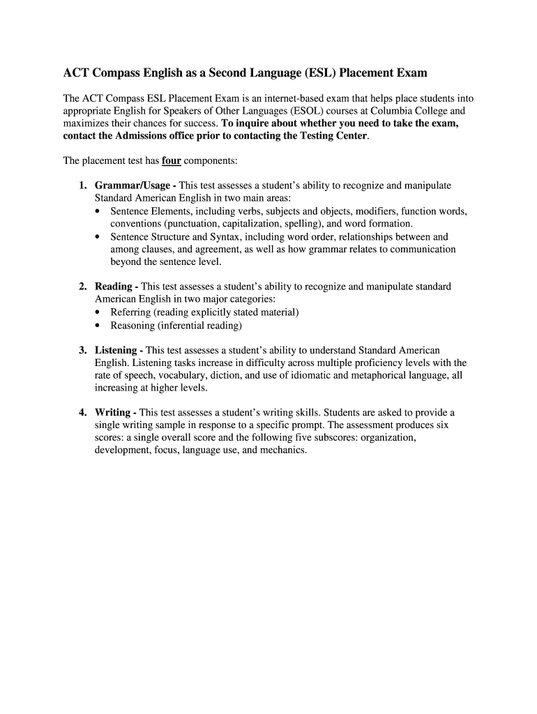 Fillable Online ACT Compass English as a Second Language (ESL ...