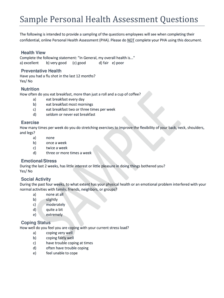Fillable Online Sample Personal Health Assessment Questions Fax Email
