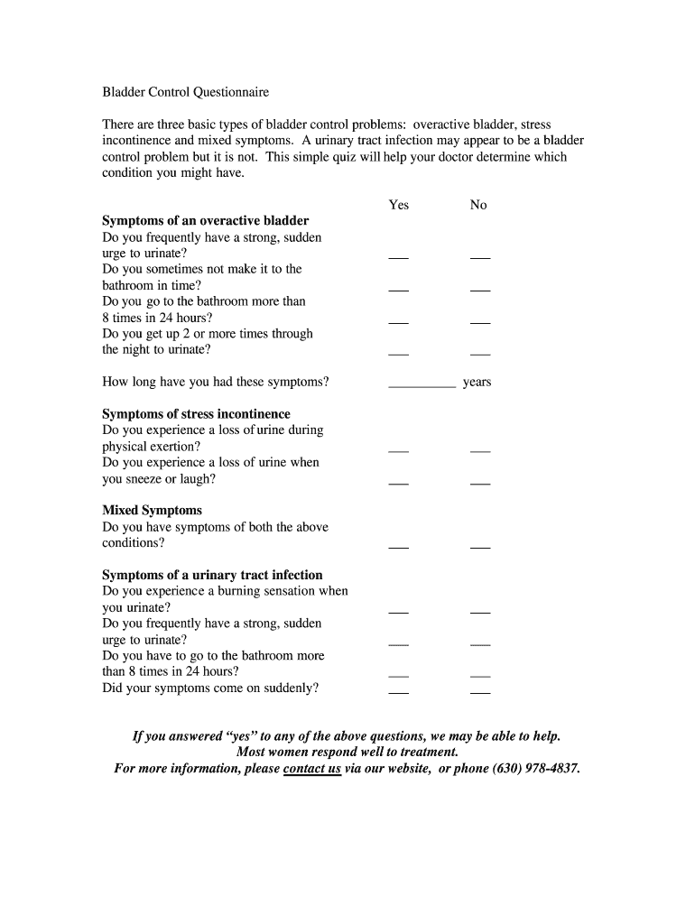 Fillable Online Bladder Control Questionnaire Fax Email Print pdfFiller